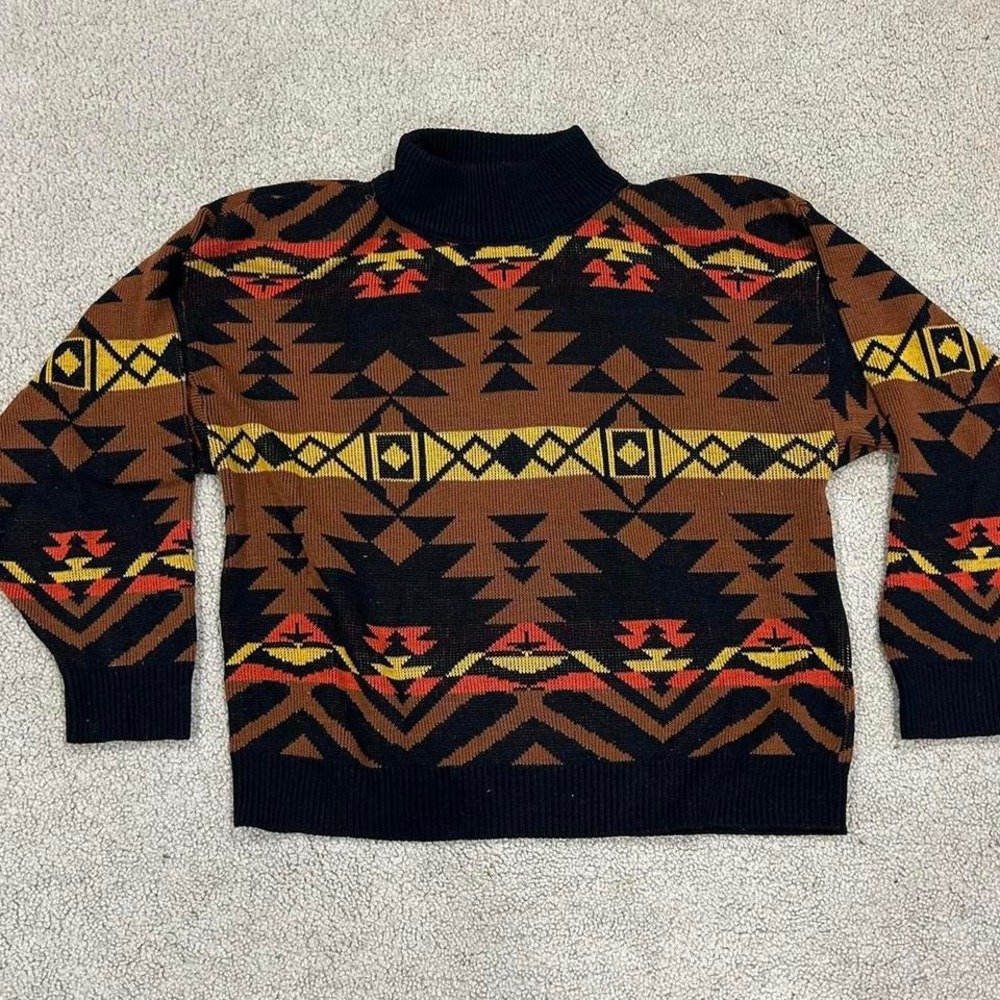 Vintage 80s Jumper RAFFERTY Mock Neck Southwest Aztec Knit Brown Black Large
